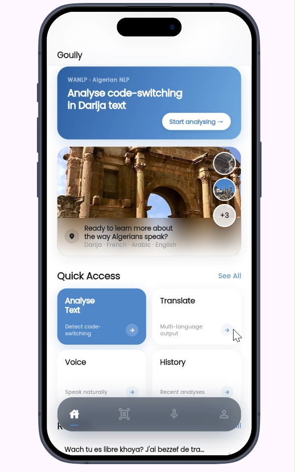 Goully landing page — Analyze Algerian code-switching hero screen